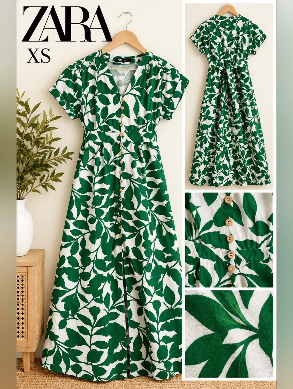 Zara Green White Leaf Print Button Front Tie Waist Maxi Dress XS